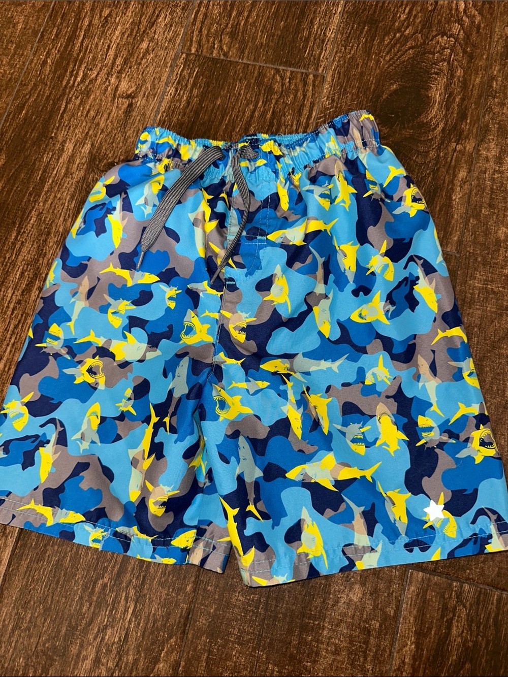 liberty Blue and Yellow Shark Camo Kids Swim Trunks